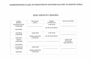 HARMONOGRAM ZAJĘĆ W POWIATOWYM CENTRUM KULTURY W NOWYM TARGU NA ROK SZKOLNY 2024/2025